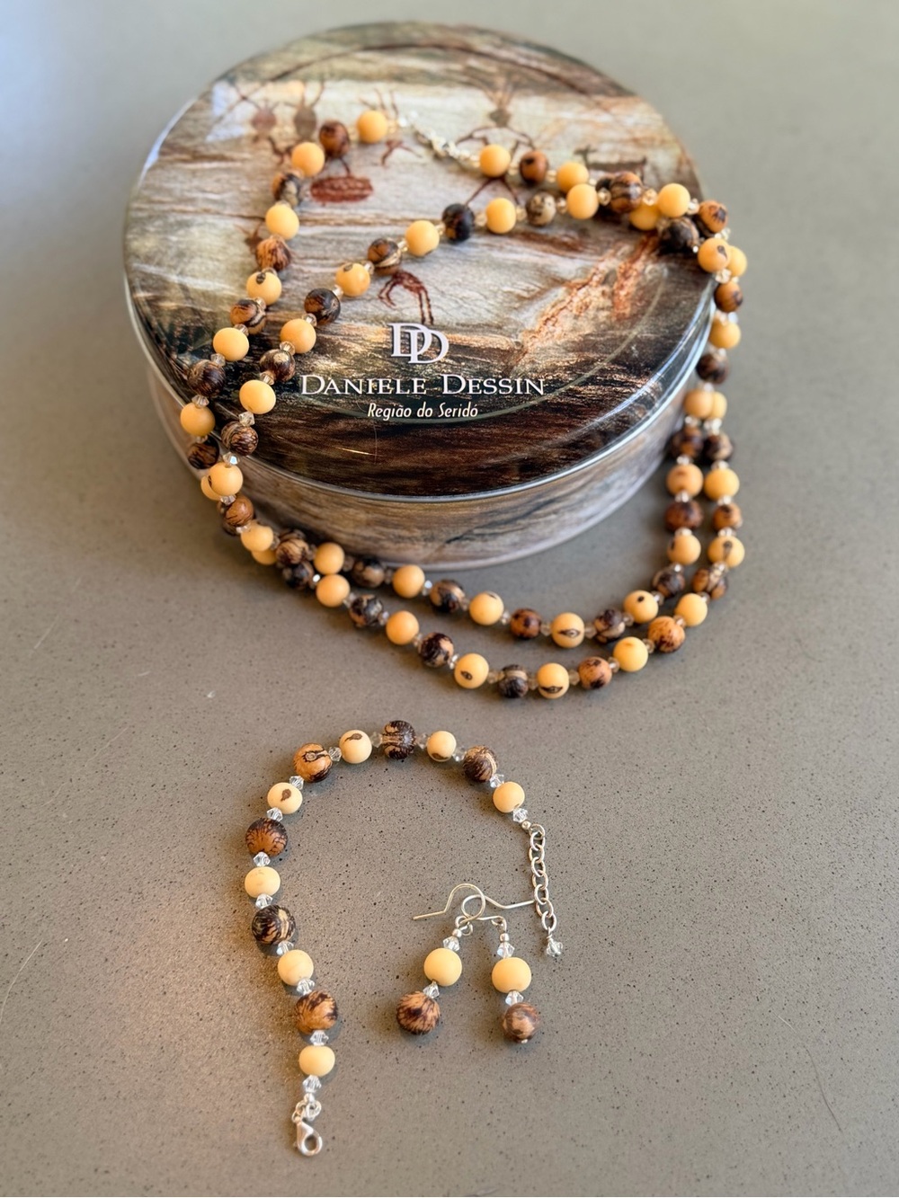 Designer Daniele Dessin Tan and Brown Bead and Crystal Necklace Set